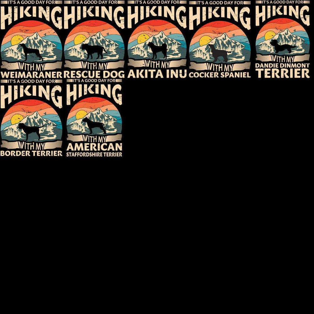 Hiking with my dog designs featuring mountain sunset silhouettes for DTF/DTG printing