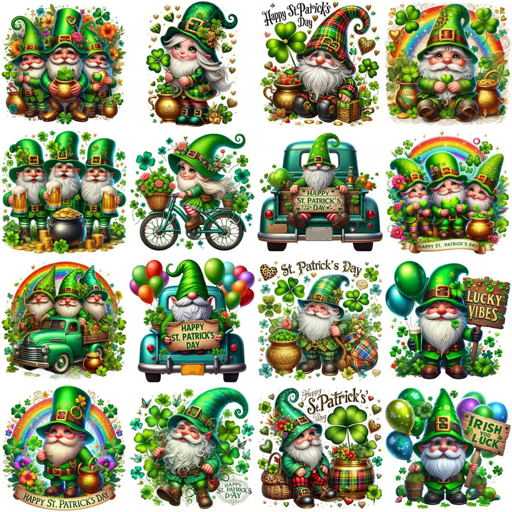 St. Patrick’s Day gnome designs with shamrocks, rainbows, and pots of gold for DTF, DTG, embroidery