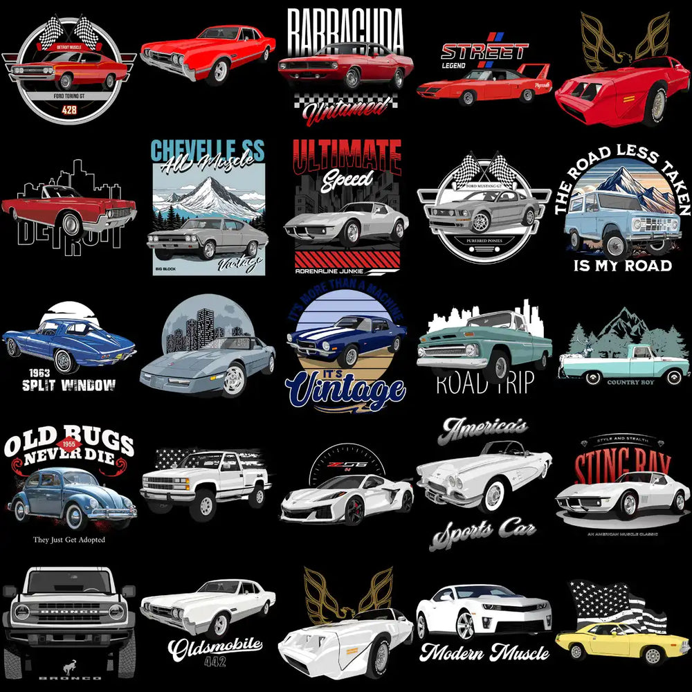 Classic and modern muscle car designs for t-shirts, embroidery, and DTF/DTG printing — vintage, speed, and American auto themes