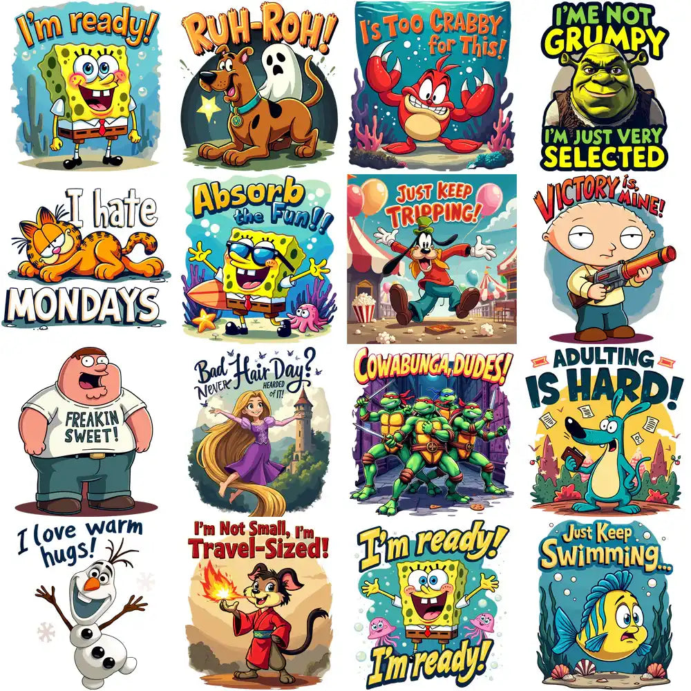 Fun cartoon designs for t-shirts, featuring SpongeBob, Shrek, Garfield, and more with playful quotes.