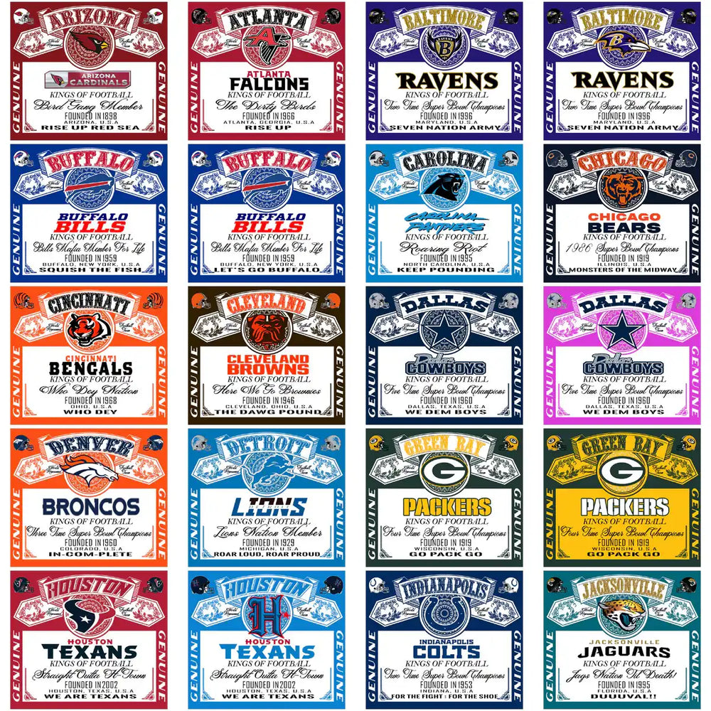 NFL team logos and slogans in vintage label designs for DTF/DTG printing