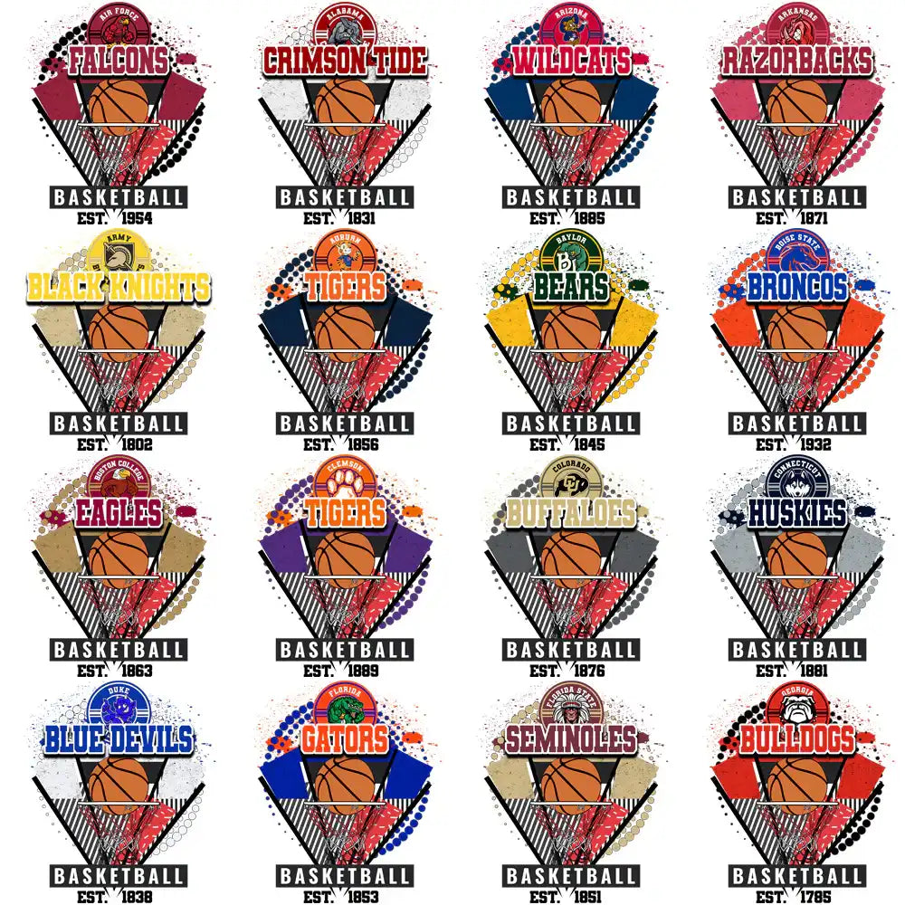College basketball team logos with vintage designs, perfect for DTF/DTG and embroidery projects.