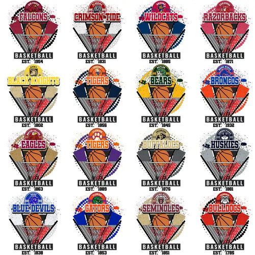 College basketball team logos with vintage designs, perfect for DTF/DTG and embroidery projects.