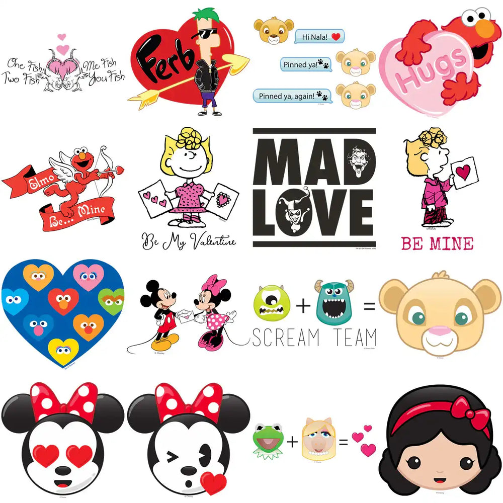 Valentine's Day designs featuring Disney, Sesame Street, and cartoon characters for DTF/DTG printing