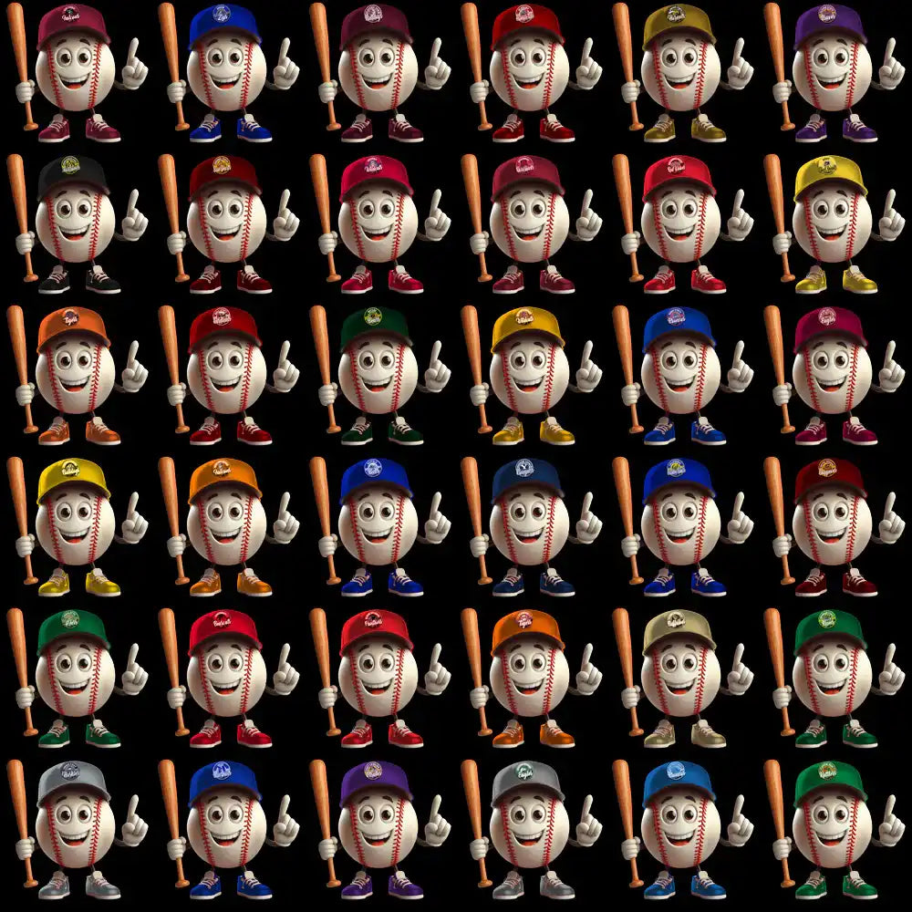 Cute cartoon baseball mascots in colorful caps & shoes, holding bats — perfect for DTF, DTG, embroidery designs.