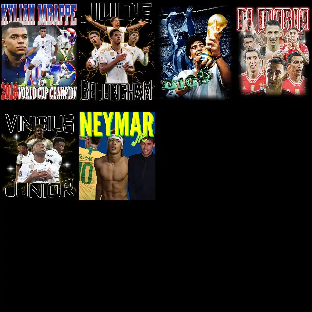 Soccer player designs for DTF/DTG, embroidery, tumbler wraps, featuring Mbappe, Neymar, and Messi.