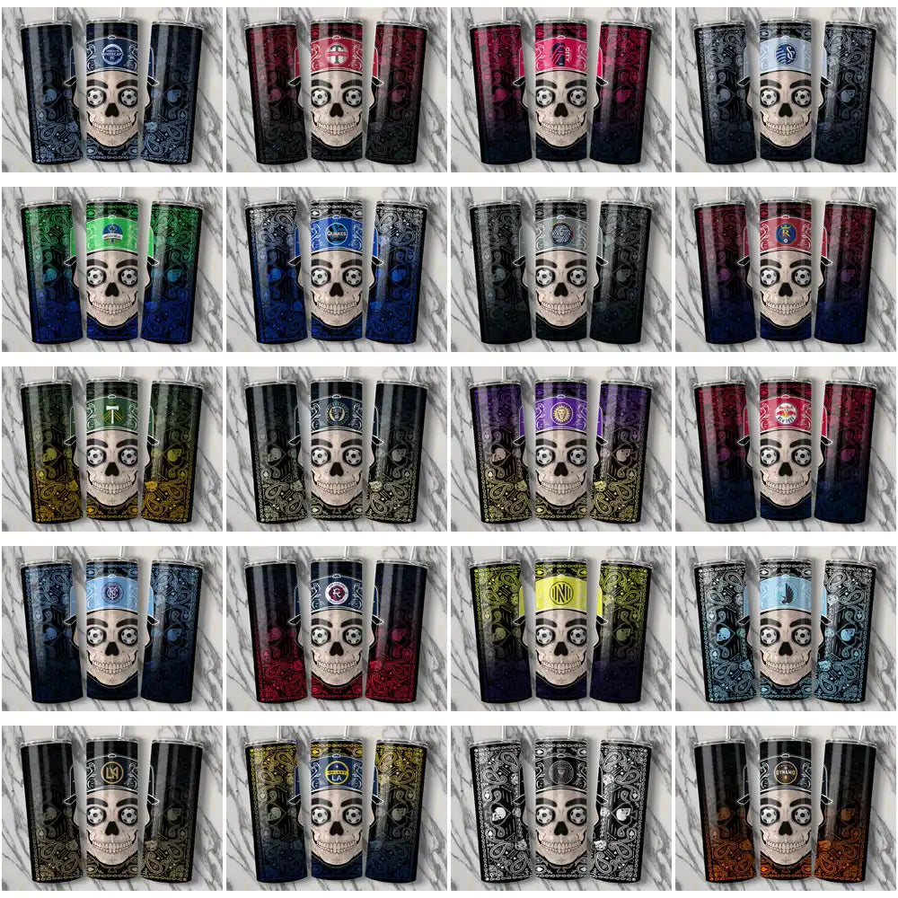 Skull-themed tumbler wraps with colorful bandanas and team logos for custom designs