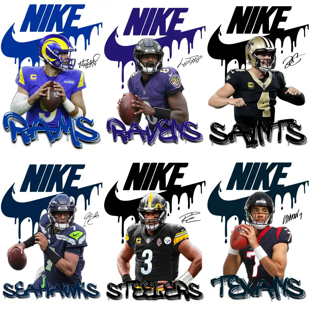 NFL football player designs with Nike logos and team names for DTF, DTG, embroidery