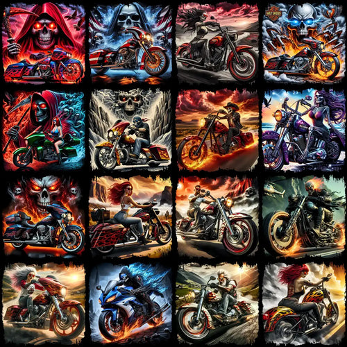 Edgy motorcycle designs with skulls, flames, and riders — perfect for DTF, DTG, embroidery & tumbler wraps.