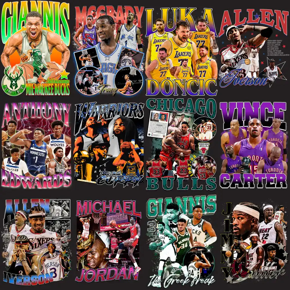 Basketball player designs for DTF DTG t-shirts, featuring Giannis, Jordan, Doncic, Iverson, and more. Print-ready PNG SVG.