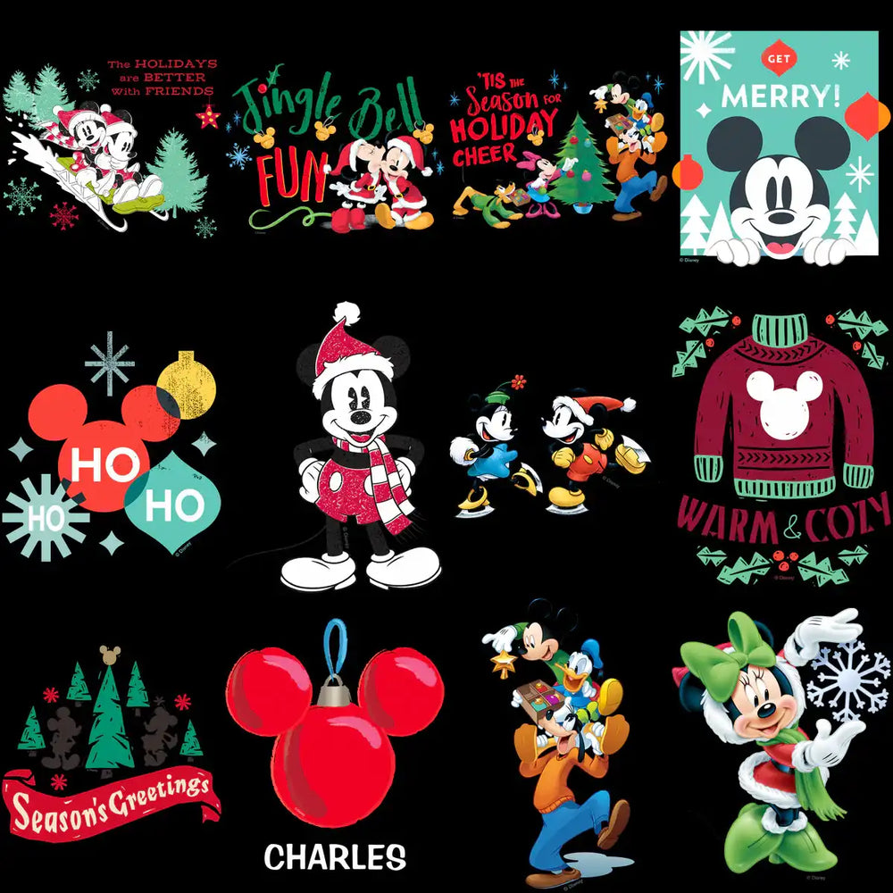 Mickey Mouse & Friends holiday designs for DTF, DTG, embroidery — festive Christmas graphics, print-ready PNG SVG