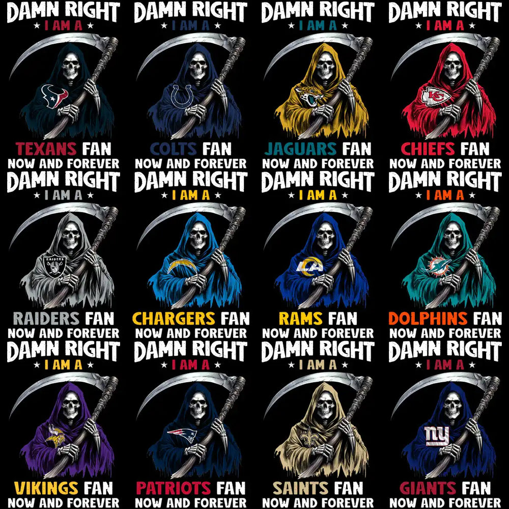 NFL team fan designs with grim reaper holding scythe, bold text for print-ready t-shirt graphics