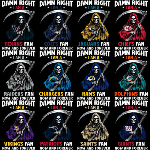 NFL team fan designs with grim reaper holding scythe, bold text for print-ready t-shirt graphics