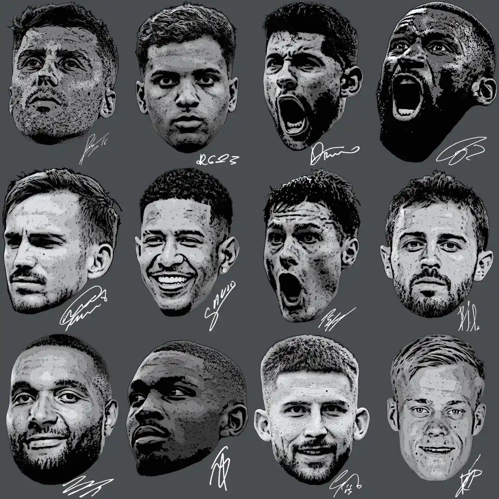 12 soccer player face portraits with signatures, print-ready for DTF, DTG, embroidery designs