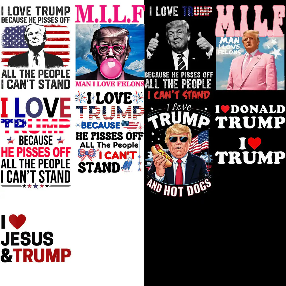 Print-ready Trump-themed designs with patriotic slogans and graphics for DTG, DTF, and embroidery.
