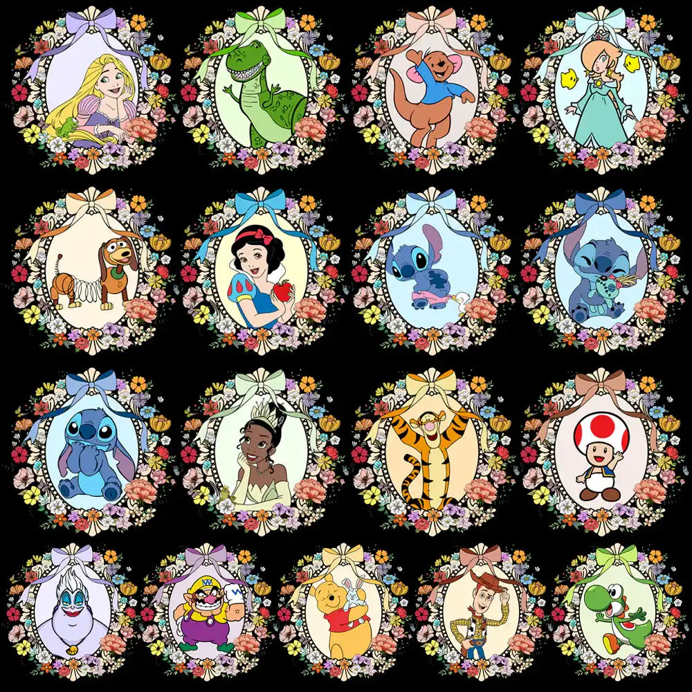 Disney character designs in floral frames for DTF/DTG and embroidery projects