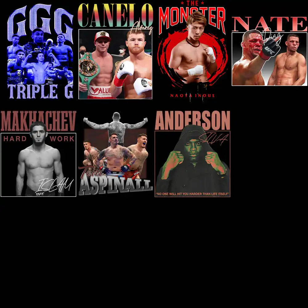 MMA fighter designs for t-shirts, featuring GGG, Canelo, and UFC athletes in bold graphics.