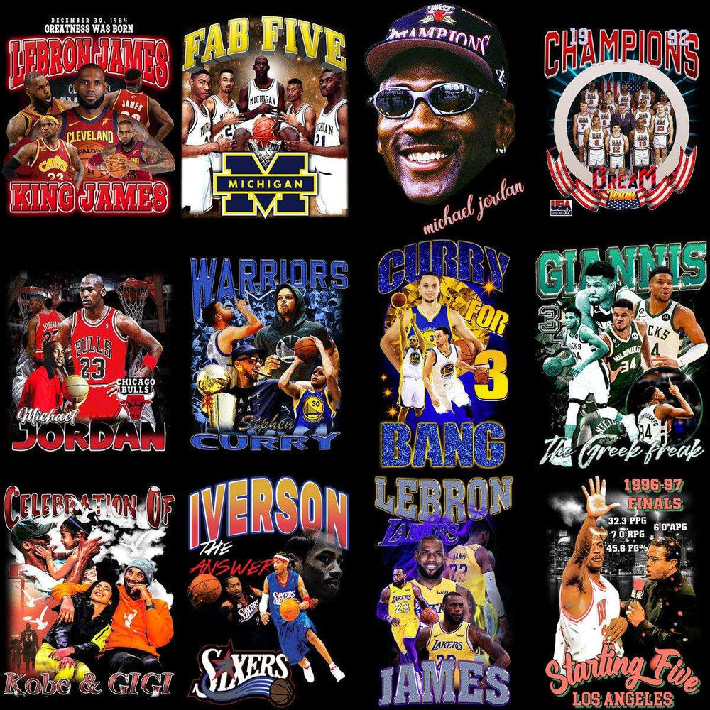 Basketball player designs for DTF/DTG, embroidery, tumbler wraps featuring LeBron, Jordan, Curry, and more