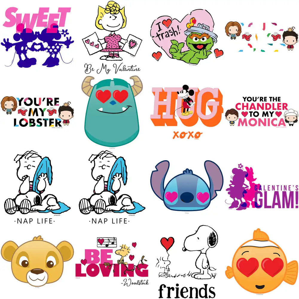 Cute Valentine's Day designs featuring Mickey, Snoopy, Stitch, and more for DTF, DTG, embroidery, tumbler wraps