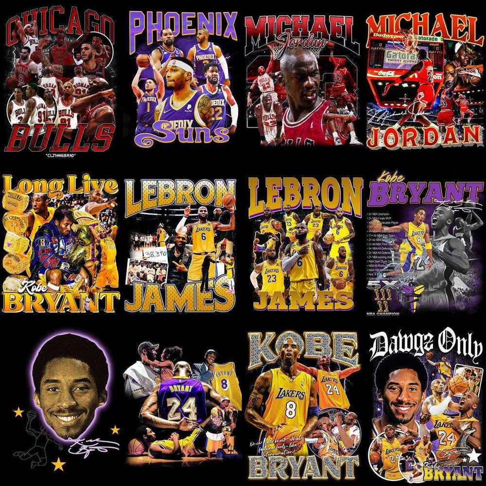 Basketball player designs for DTF DTG embroidery, featuring Michael Jordan, LeBron James, Kobe Bryant, and team graphics.