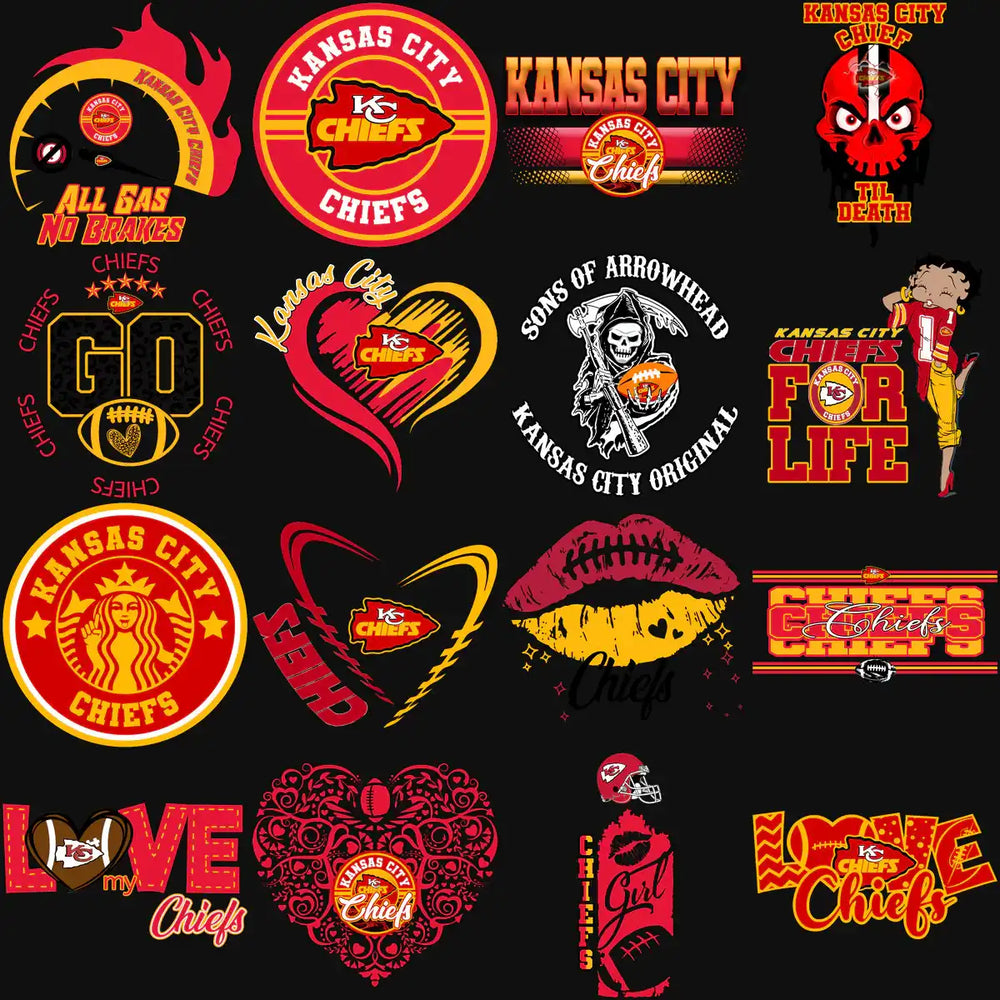 Kansas City Chiefs fan designs with logos, hearts, and slogans for apparel and crafts