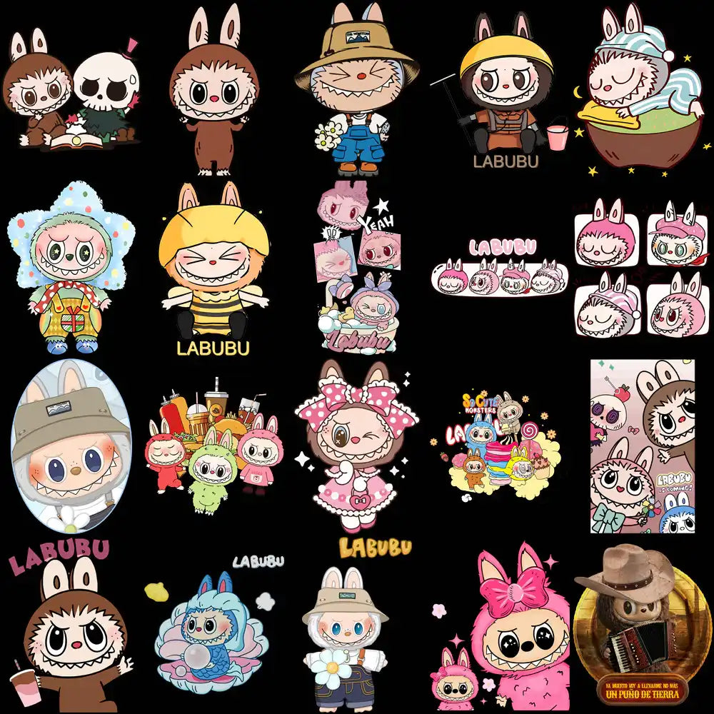 Cute Labubu character designs in various outfits and themes for DTF, DTG, and embroidery projects.