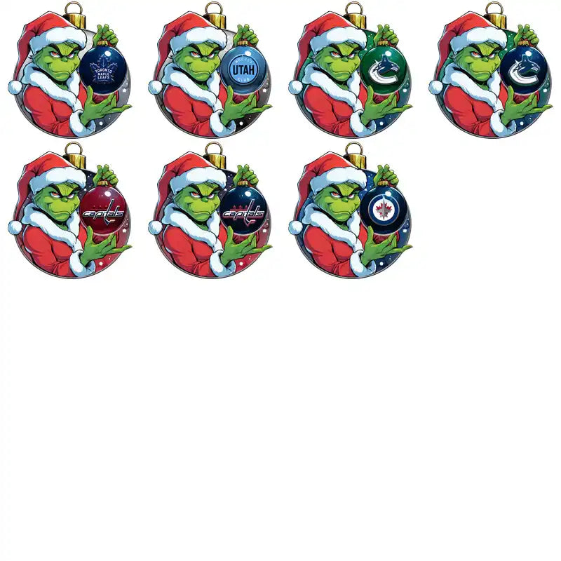 Grinch in Santa hat holding NHL team ornaments for holiday designs