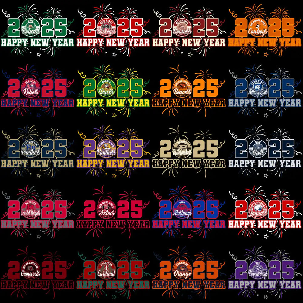 2025 Happy New Year college team designs with fireworks, print-ready for DTF/DTG and embroidery