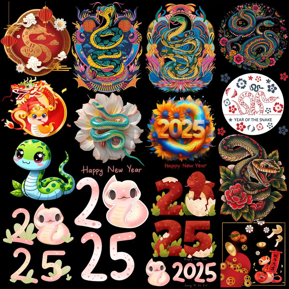 2025 Year of the Snake designs, colorful snakes, flowers, and festive New Year graphics for print
