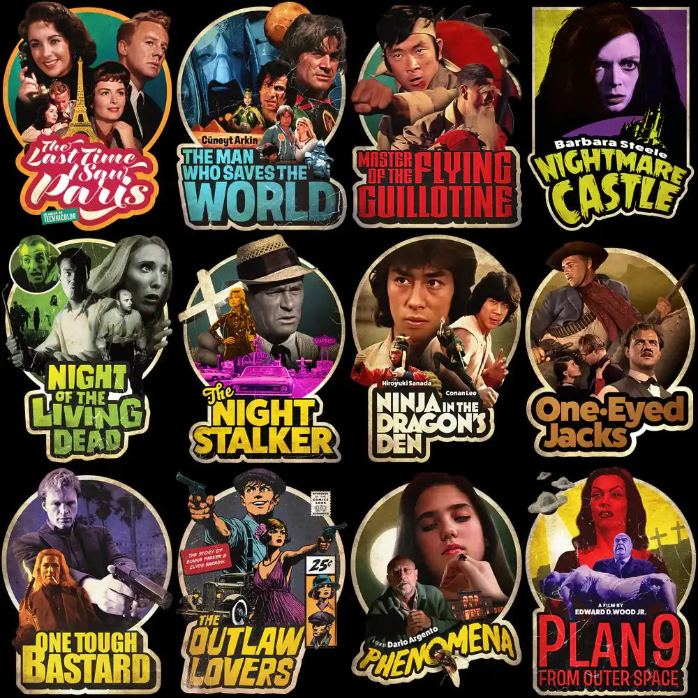 Retro movie posters collection with classic film titles and vibrant artwork for print-on-demand designs.