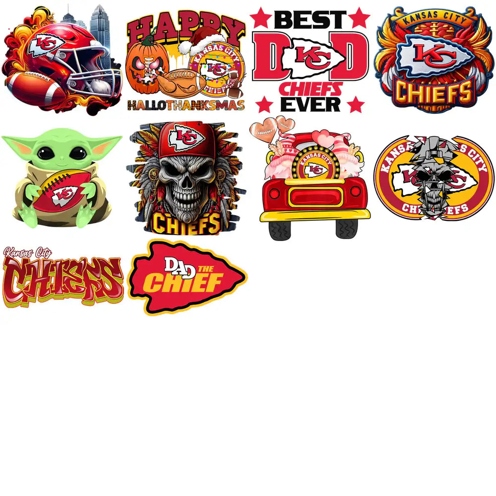Kansas City Chiefs fan designs: helmets, Yoda, skulls, trucks, and festive graphics for DTF, DTG, embroidery