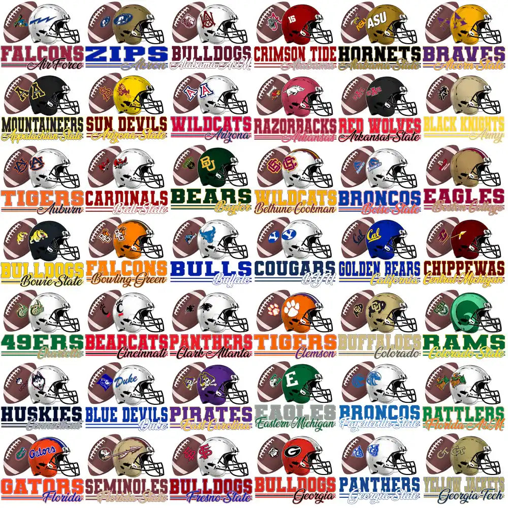 College football team helmets and logos for DTF/DTG & embroidery designs, print-ready PNG/SVG/PES