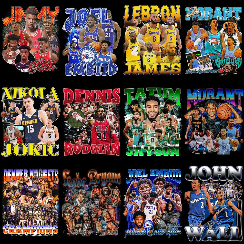 Basketball player designs for DTF/DTG, embroidery, and tumbler wraps featuring NBA stars and teams.
