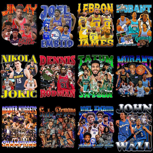 Basketball player designs for DTF/DTG, embroidery, and tumbler wraps featuring NBA stars and teams.