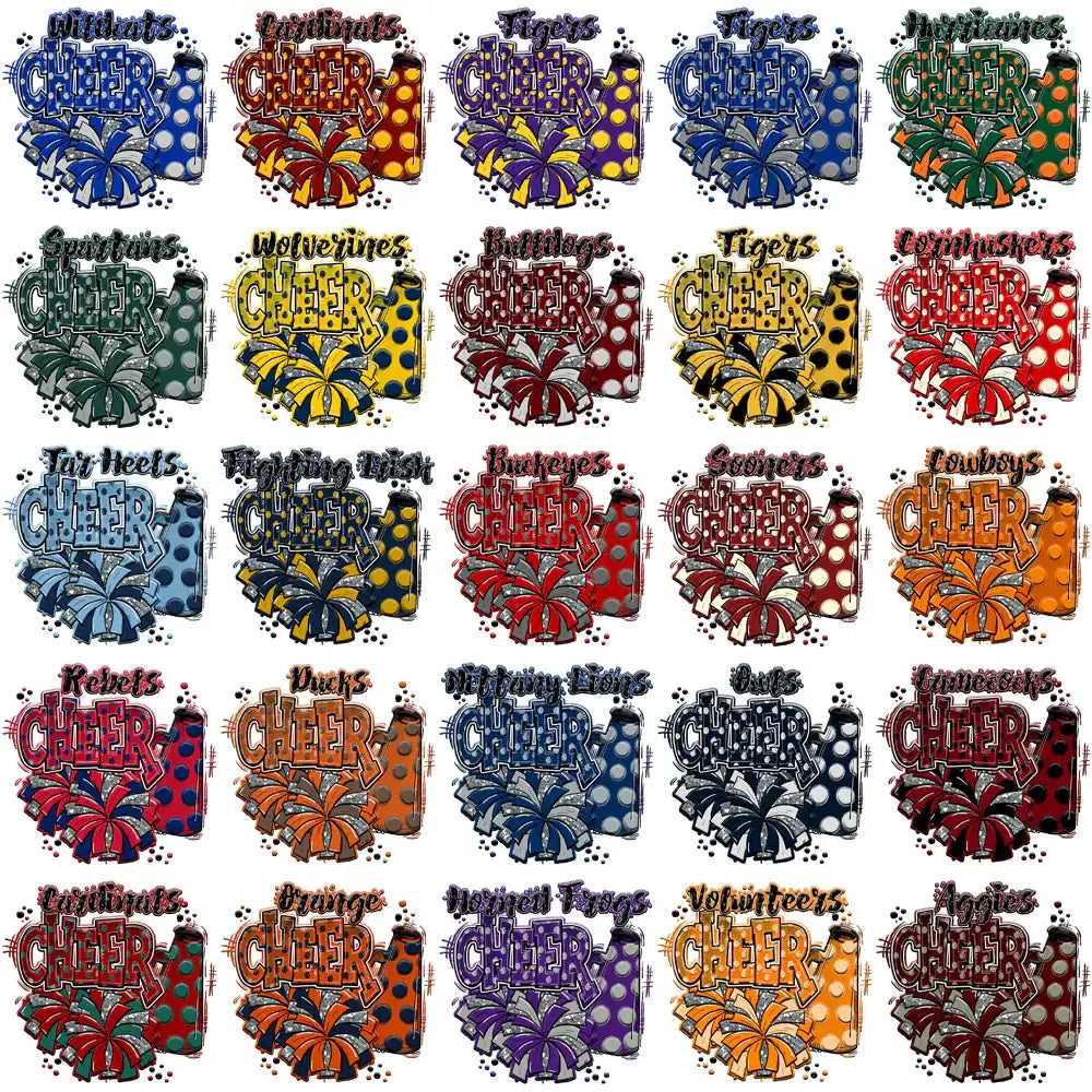 Cheer designs with team names, polka dots, and pom-poms for DTF/DTG printing