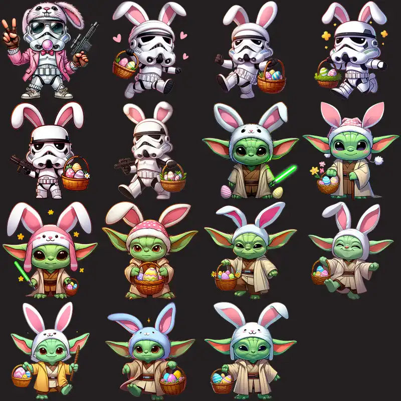 Cute Easter bunny stormtrooper and Yoda characters with egg baskets, print-ready PNG designs for DTG/DTF