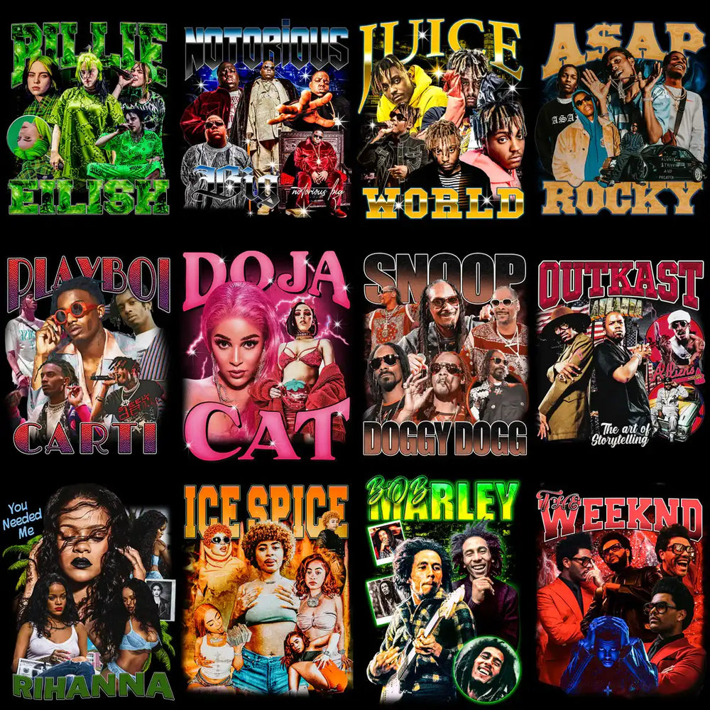 Print-ready artist designs for DTF/DTG, embroidery, and tumbler wraps featuring Billie Eilish, Doja Cat, Snoop Dogg, and more.