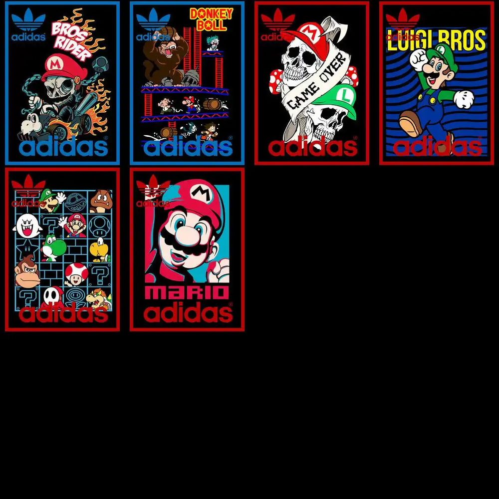 Mario and Luigi Adidas designs with game-themed graphics for DTF/DTG printing