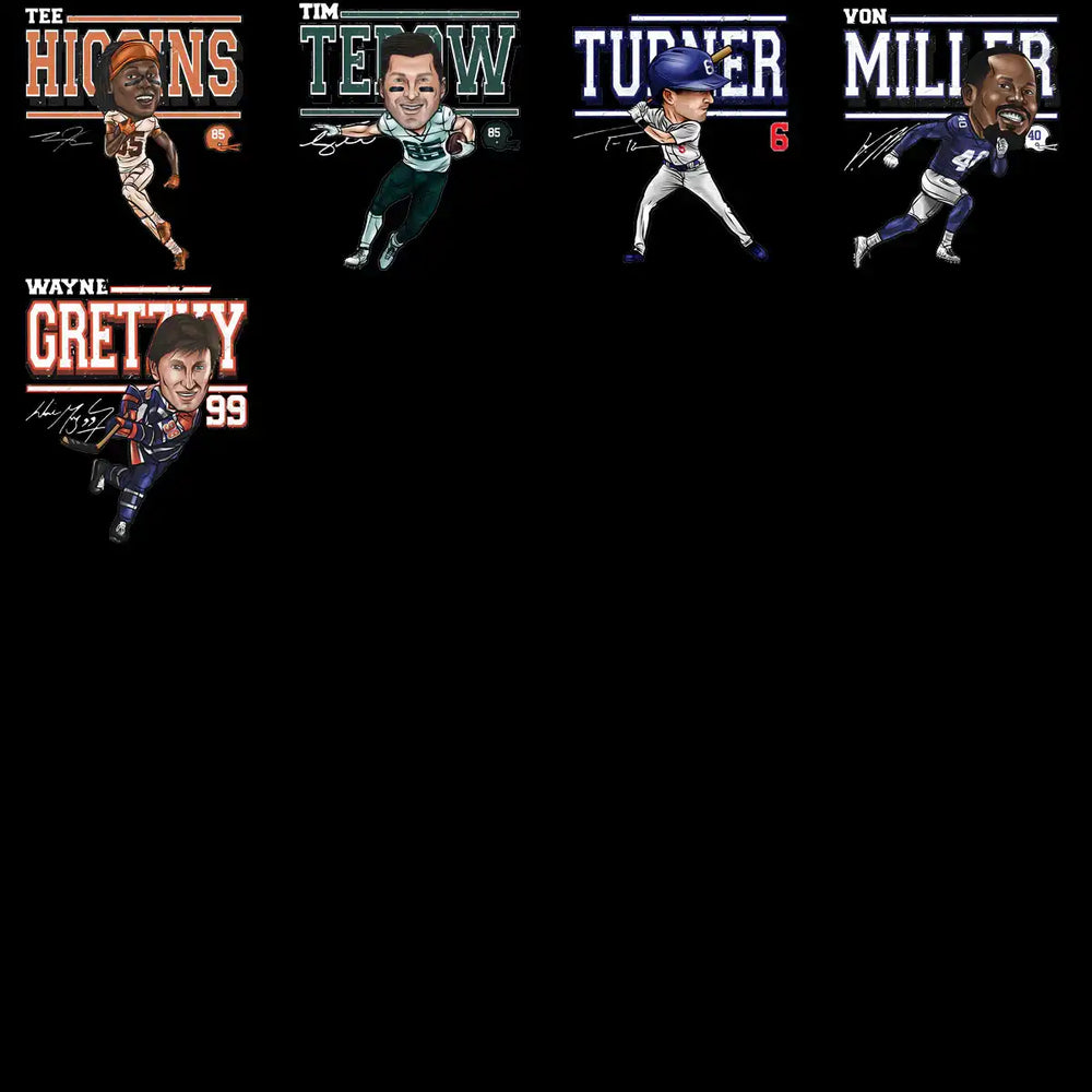 Caricature athlete designs for DTF DTG printing, featuring football and baseball players with names and numbers.