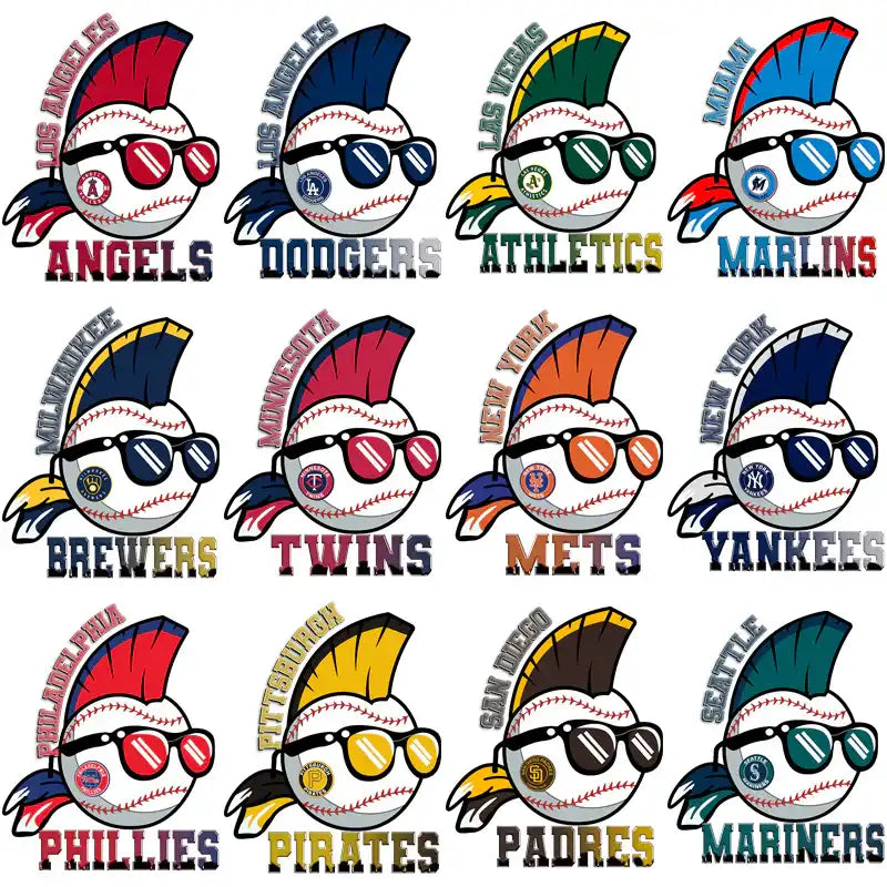 Baseball team logos with sunglasses and mohawks for DTF/DTG designs