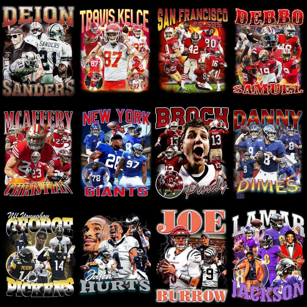 Football player designs for DTF/DTG, embroidery, and tumbler wraps featuring NFL stars and teams.