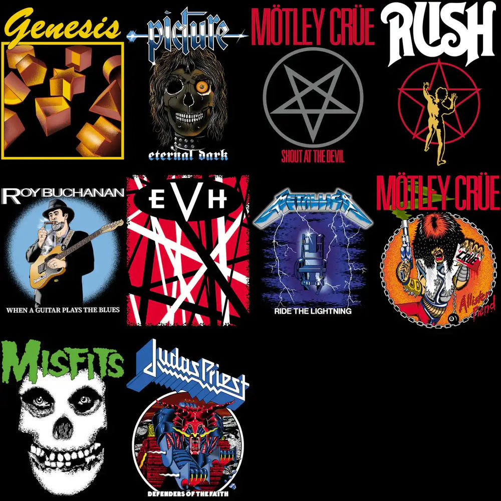 Rock band logos & album art for DTF/DTG printing: Genesis, Motley Crue, Rush, Metallica, Misfits, Judas Priest