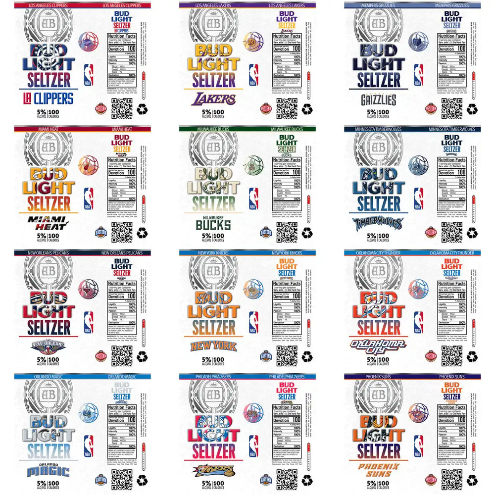 Bud Light Seltzer NBA team edition labels for DTF/DTG printing, featuring Clippers, Lakers, Grizzlies, Heat, Bucks, Timberwolves, Pelicans, Knicks, Thunder, Magic, 76ers, Suns designs.