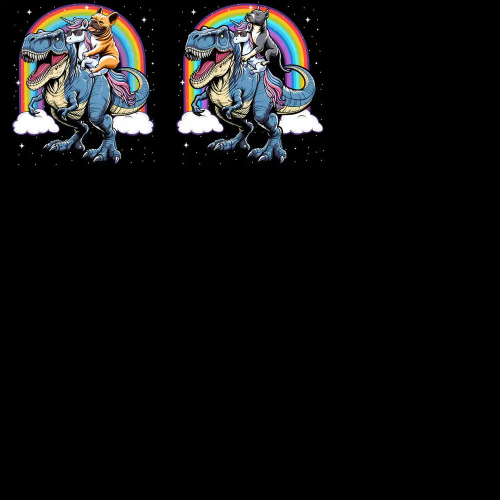 Funny dog riding T-Rex with rainbow and unicorn, print-ready design for DTG/DTF