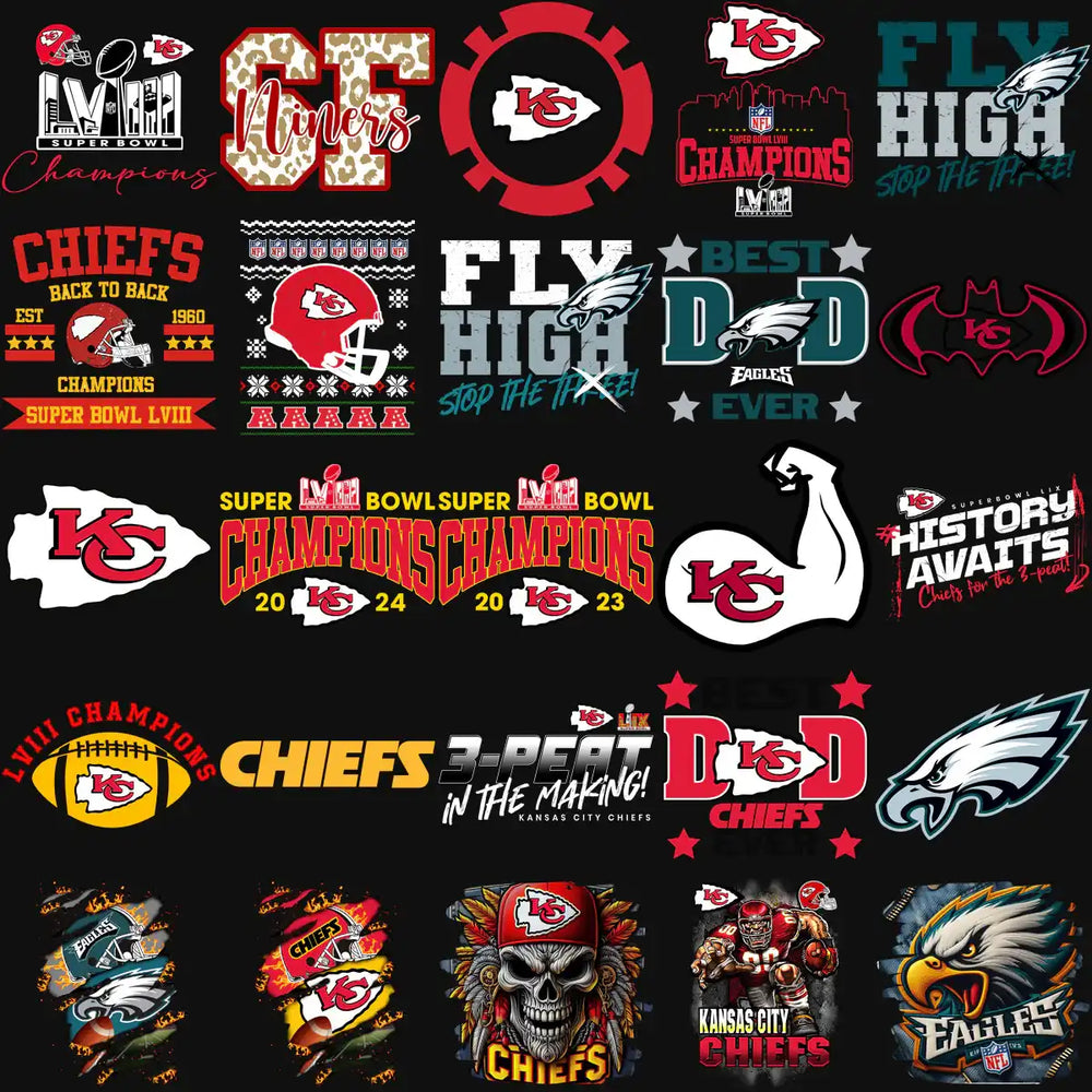 Kansas City Chiefs and Philadelphia Eagles fan designs, Super Bowl champions, print-ready graphics