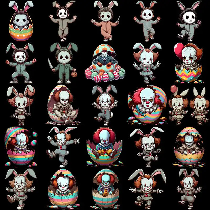 Easter-themed horror designs with bunny ears, clown faces, and cracked eggs for DTF/DTG printing
