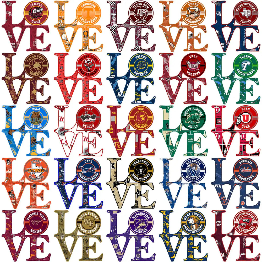 College team logos in colorful 'LOVE' designs for DTF, DTG, embroidery, and tumbler wraps