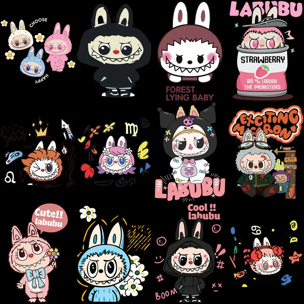 Cute Labubu monster designs with vibrant colors, perfect for DTF/DTG and embroidery projects.