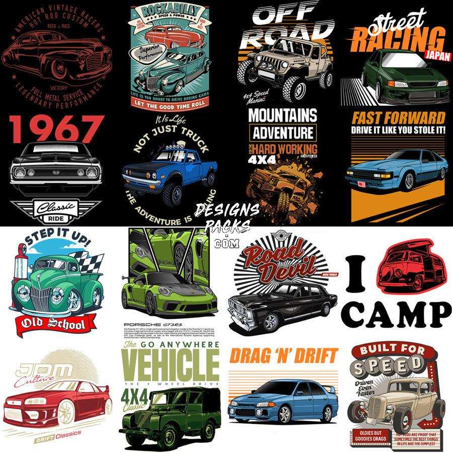 Vintage and modern car designs for t-shirts, featuring classic rides, off-road adventures, and drag racing themes.