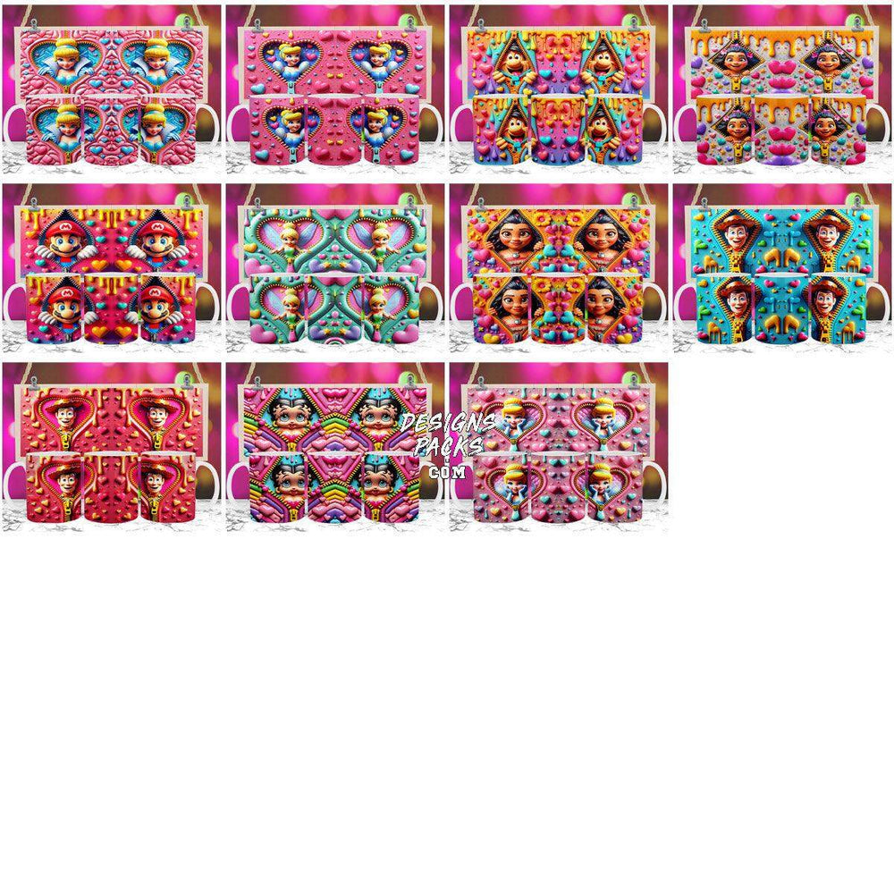 Colorful cartoon character mugs with heart and candy designs, print-ready for DTF, DTG, embroidery